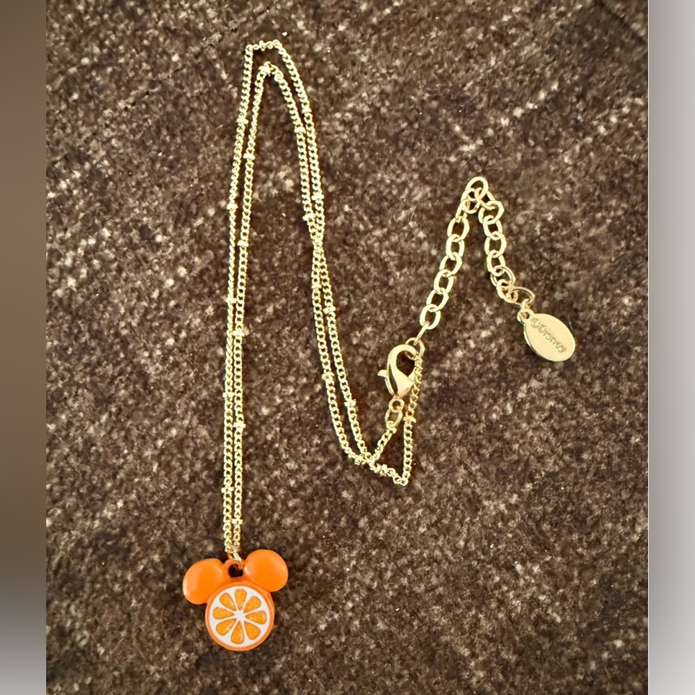 Orange Slice Mickey Mouse Pendant Necklace Gold Tone Chain